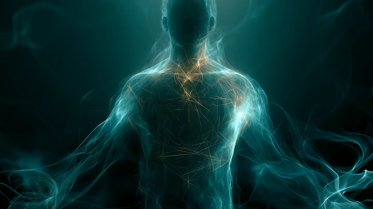 Abstract human energy field — luminous silhouette, no face